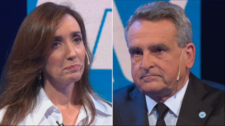 Tenso cruce entre Victoria Villarruel y Agustín Rossi en la ronda de preguntas durante el Debate de A Dos Voces. (Foto: Captura TN)