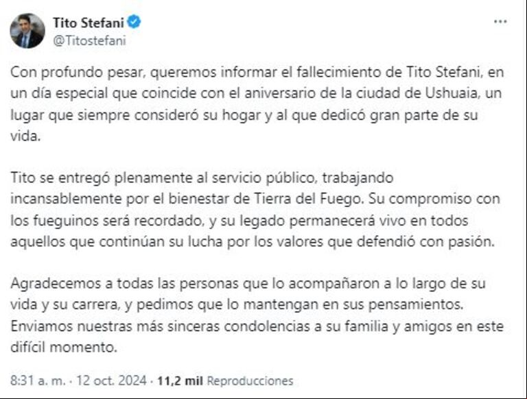 Tito Stefani murió este sábado a los 64 años. (Foto: captura de X).