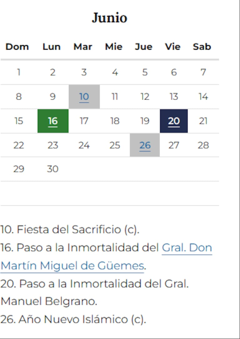 Todos los feriados de junio 2025. (Foto: argentina.gob.ar).
