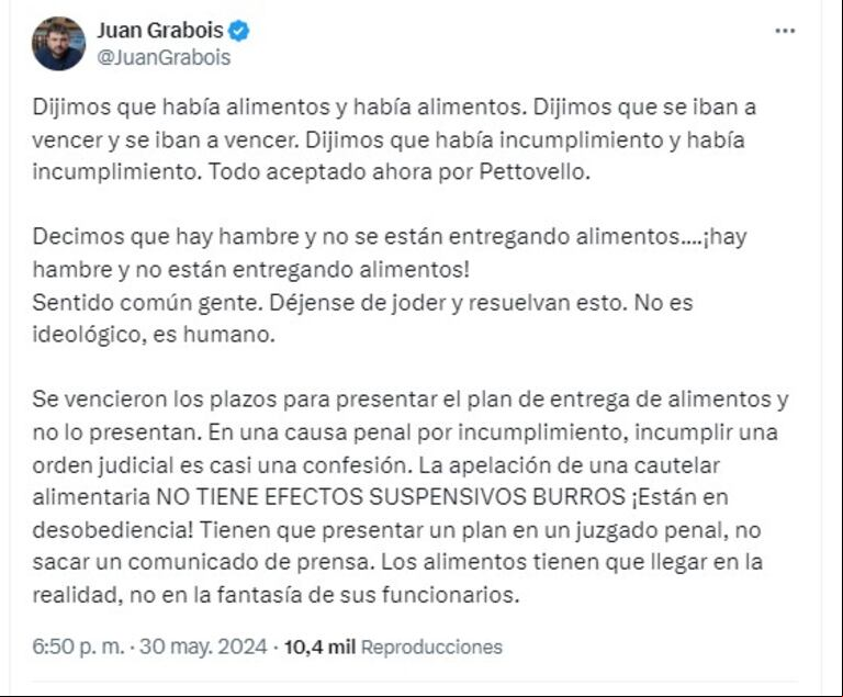 Tuit de Juan Grabois en respuesta a Pettovello (Foto: Captura de X/@JuanGrabois).