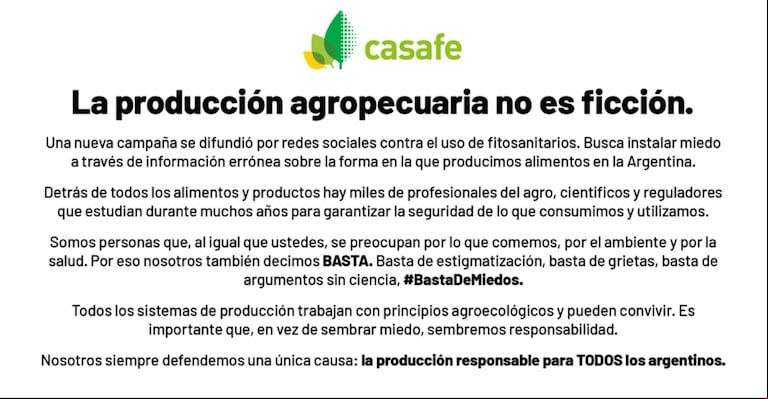 Un comunicado emitido por la Cámara de Sanidad Agropecuaria y Fertilizantes (Casafe).