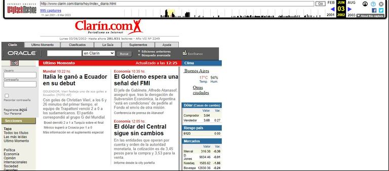 Una portada de Clarin.com, durante el Mundial del año 2002. (Foto: Captura Wayback Machine)